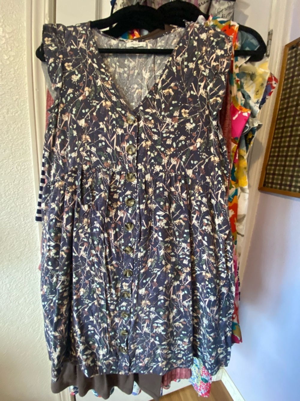Maurice’s Sleeveless V-Neck Floral Buttons  Women's Spring Dress- Navy